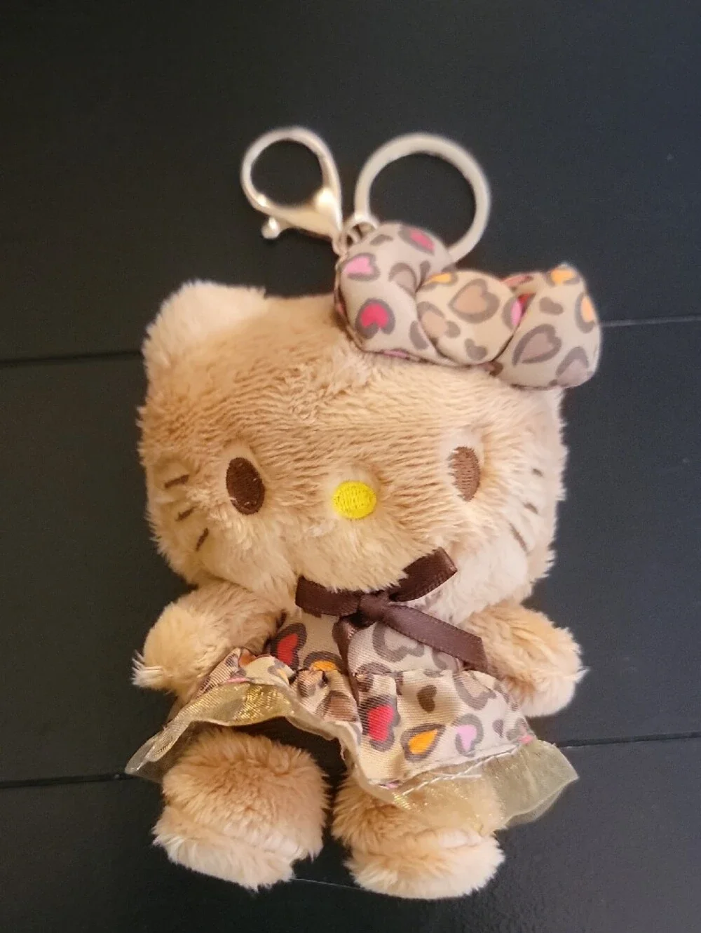 Plush Beige Kitty Keychain with Heart-Print Bow